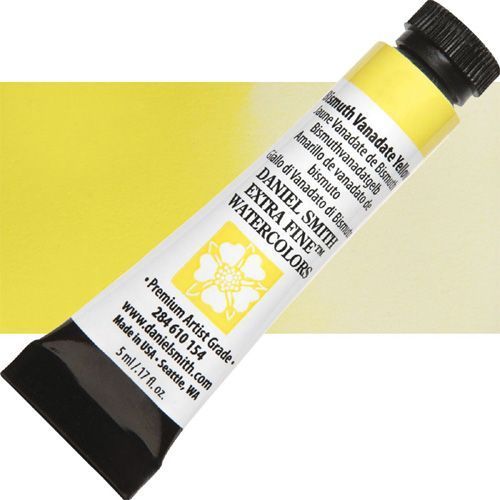 Daniel Smith 284610154 Extra Fine, Watercolor 5ml Bismuth Vanadate Yellow; Highly pigmented and finely ground watercolors made by hand in the USA; Extra fine watercolors produce clean washes, even layers, and also possess superior lightfastness properties; UPC 743162032549 (DANIELSMITH284610154 DANIEL SMITH 284610154 ALVIN WATERCOLOR BISMUTH VANADATE YELLOW)