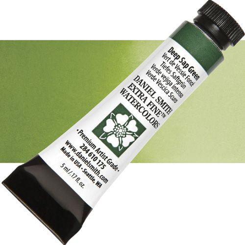 Daniel Smith 284610175 Extra Fine, Watercolor 5ml Deep Sap Green; Highly pigmented and finely ground watercolors made by hand in the USA; Extra fine watercolors produce clean washes, even layers, and also possess superior lightfastness properties; UPC 743162032570 (DANIELSMITH284610175 DANIEL SMITH 284610175 ALVIN WATERCOLOR DEEP SAP GREEN)