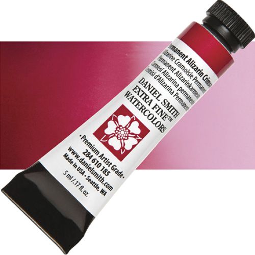Daniel Smith 284610185 Extra Fine, Watercolor 5ml Permanent Alizarin Crimson; Highly pigmented and finely ground watercolors made by hand in the USA; Extra fine watercolors produce clean washes, even layers, and also possess superior lightfastness properties; UPC 743162032617 (DANIELSMITH284610185 DANIEL SMITH 284610185 ALVIN WATERCOLOR PERMANENT ALIZARIN CRIMSON)
