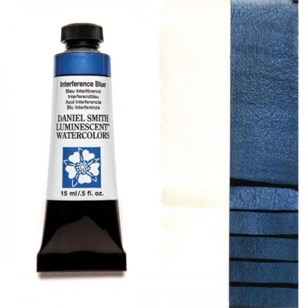 Daniel Smith 284640001 Extra Fine Watercolor 15ml Interference Blue; These paints are a go to for many professional watercolorists, featuring stunning colors; Artists seeking a quality watercolor with a wide array of colors and effects; This line offers Lightfastness, color value, tinting strength, clarity, vibrancy, undertone, particle size, density, viscosity; Dimensions 0.76