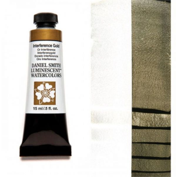 Daniel Smith 284640003 Extra Fine Watercolor 15ml Interference Gold; These paints are a go to for many professional watercolorists, featuring stunning colors; Artists seeking a quality watercolor with a wide array of colors and effects; This line offers Lightfastness, color value, tinting strength, clarity, vibrancy, undertone, particle size, density, viscosity; Dimensions 0.76