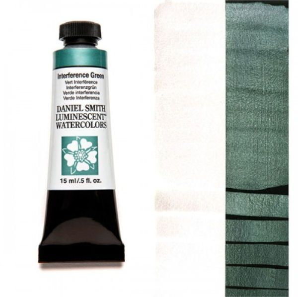 Daniel Smith 284640004 Extra Fine Watercolor 15ml Interference Green; These paints are a go to for many professional watercolorists, featuring stunning colors; Artists seeking a quality watercolor with a wide array of colors and effects; This line offers Lightfastness, color value, tinting strength, clarity, vibrancy, undertone, particle size, density, viscosity; Dimensions 0.76