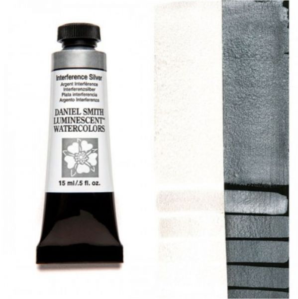Daniel Smith 284640007 Extra Fine Watercolor 15ml Interference Silver; These paints are a go to for many professional watercolorists, featuring stunning colors; Artists seeking a quality watercolor with a wide array of colors and effects; This line offers Lightfastness, color value, tinting strength, clarity, vibrancy, undertone, particle size, density, viscosity; Dimensions 0.76