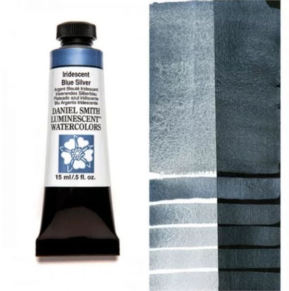 Daniel Smith 284640014 Extra Fine Watercolor 15ml Iridescent Blue Silver; These paints are a go to for many professional watercolorists, featuring stunning colors; Artists seeking a quality watercolor with a wide array of colors and effects; This line offers Lightfastness, color value, tinting strength, clarity, vibrancy, undertone, particle size, density, viscosity; Dimensions 0.76