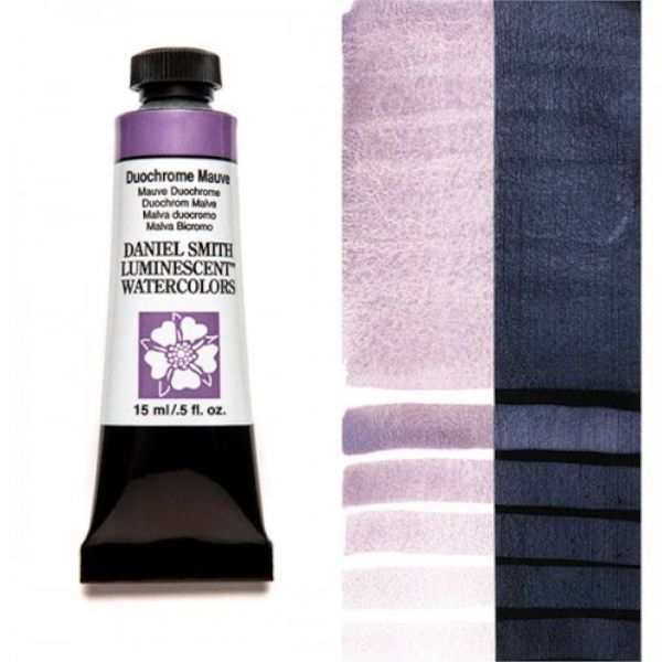 Daniel Smith 284640026 Extra Fine Watercolor 15ml Duochrome Mauve; These paints are a go to for many professional watercolorists, featuring stunning colors; Artists seeking a quality watercolor with a wide array of colors and effects; This line offers Lightfastness, color value, tinting strength, clarity, vibrancy, undertone, particle size, density, viscosity; Dimensions 0.76