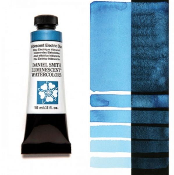 Daniel Smith 284640027 Extra Fine Watercolor 15ml Iridescent Electric Blue; These paints are a go to for many professional watercolorists, featuring stunning colors; Artists seeking a quality watercolor with a wide array of colors and effects; This line offers Lightfastness, color value, tinting strength, clarity, vibrancy, undertone, particle size, density, viscosity; Dimensions 0.76