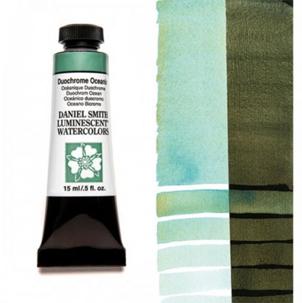 Daniel Smith 284640029 Extra Fine Watercolor 15ml Duochrome Oceanic; These paints are a go to for many professional watercolorists, featuring stunning colors; Artists seeking a quality watercolor with a wide array of colors and effects; This line offers Lightfastness, color value, tinting strength, clarity, vibrancy, undertone, particle size, density, viscosity; Dimensions 0.76