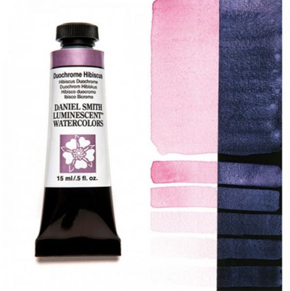 Daniel Smith 284640031 Extra Fine Watercolor 15ml Duochrome Hibiscus; These paints are a go to for many professional watercolorists, featuring stunning colors; Artists seeking a quality watercolor with a wide array of colors and effects; This line offers Lightfastness, color value, tinting strength, clarity, vibrancy, undertone, particle size, density, viscosity; Dimensions 0.76
