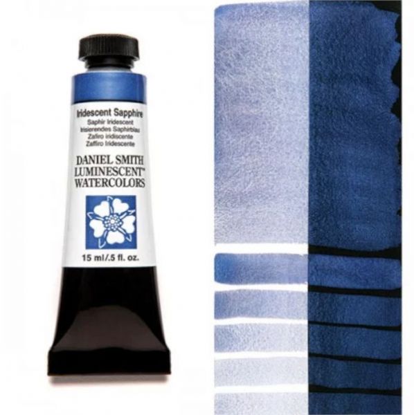 Daniel Smith 284640033 Extra Fine Watercolor 15ml Iridescent Sapphire; These paints are a go to for many professional watercolorists, featuring stunning colors; Artists seeking a quality watercolor with a wide array of colors and effects; This line offers Lightfastness, color value, tinting strength, clarity, vibrancy, undertone, particle size, density, viscosity; Dimensions 0.76