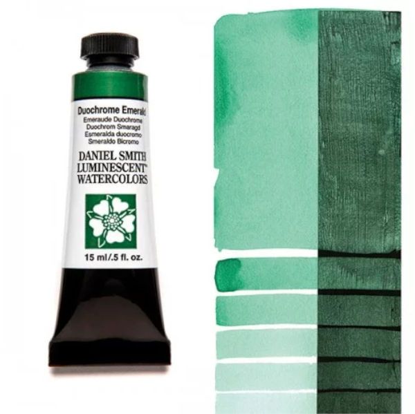 Daniel Smith 284640042 Extra Fine Watercolor 15ml Duochrome Emerald; These paints are a go to for many professional watercolorists, featuring stunning colors; Artists seeking a quality watercolor with a wide array of colors and effects; This line offers Lightfastness, color value, tinting strength, clarity, vibrancy, undertone, particle size, density, viscosity; Dimensions 0.76