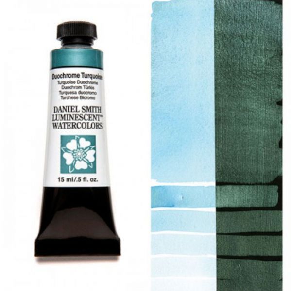 Daniel Smith 284640043 Extra Fine Watercolor 15ml Duochrome Turquoise; These paints are a go to for many professional watercolorists, featuring stunning colors; Artists seeking a quality watercolor with a wide array of colors and effects; This line offers Lightfastness, color value, tinting strength, clarity, vibrancy, undertone, particle size, density, viscosity; Dimensions 0.76