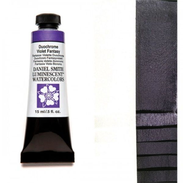 Daniel Smith 284640045 Extra Fine Watercolor 15ml Duochrome Violet Fantasy; These paints are a go to for many professional watercolorists, featuring stunning colors; Artists seeking a quality watercolor with a wide array of colors and effects; This line offers Lightfastness, color value, tinting strength, clarity, vibrancy, undertone, particle size, density, viscosity; Dimensions 0.76