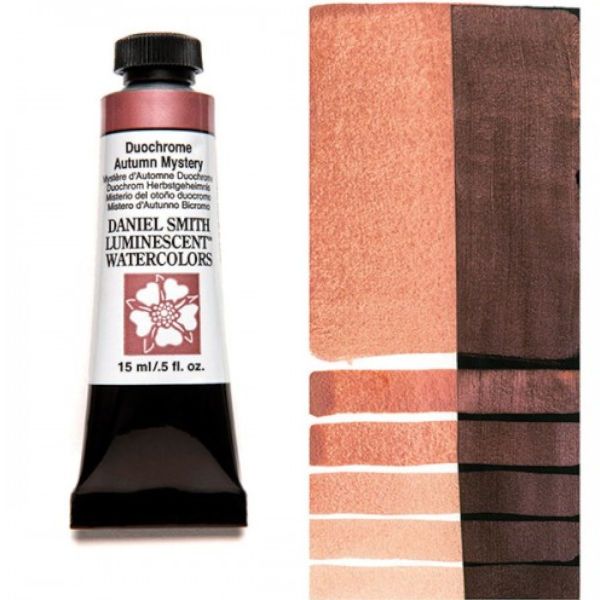 Daniel Smith 284640047 Extra Fine Watercolor 15ml Duochrome Autumn Mystery; These paints are a go to for many professional watercolorists, featuring stunning colors; Artists seeking a quality watercolor with a wide array of colors and effects; This line offers Lightfastness, color value, tinting strength, clarity, vibrancy, undertone, particle size, density, viscosity; Dimensions 0.76