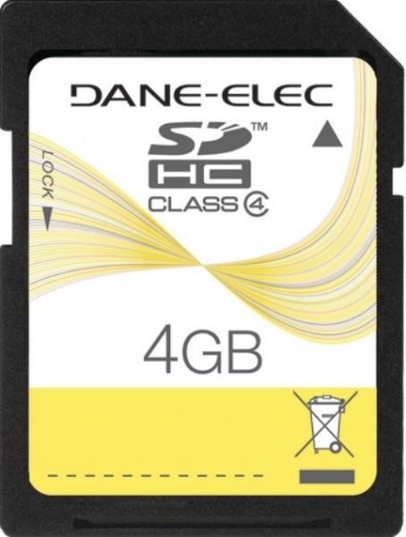 Dane-Elec DA-SD-4096-R Flash memory card, 4 GB Storage Capacity, 37x/120x : 18 MB/s read 5.5 MB/s write Speed Rating, Class 4 SD Speed Class, SDHC Memory Card Form Factor, 2.7 - 3.6 V Supply Voltage, Write protection switch Features, 1 x SDHC Memory Card Compatible Slots, UPC 0804272719680 (DASD4096R DA-SD-4096-R DA SD 4096 R)