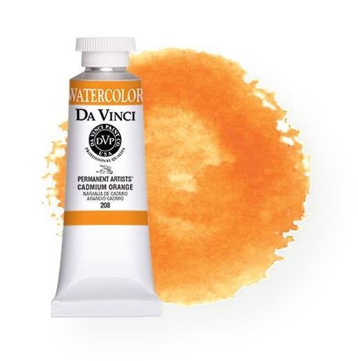Da Vinci DAV208 Artists' Watercolor Paint 37ml Cadmium Orange; All Da Vinci watercolors have been reformulated with improved rewetting properties and are now the most pigmented watercolor in the world; Expect high tinting strength, maximum light-fastness, very vibrant colors, and an unbelievable value; Transparency rating: T=transparent, ST=semitransparent, O=opaque, SO=semi-opaque; UPC 643822208379  (DAVINCI208 DAVINCI-208 DAVINCI-DAV208 DA-VINCI208 PAINTING ALVIN)