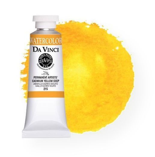 Da Vinci DAV215 Artists' Watercolor Paint 37ml Cadmium Yellow Deep; All Da Vinci watercolors have been reformulated with improved rewetting properties and are now the most pigmented watercolor in the world; Expect high tinting strength, maximum light-fastness, very vibrant colors, and an unbelievable value; Transparency rating: T=transparent, ST=semitransparent, O=opaque, SO=semi-opaque; Sold per unit; UPC 643822215377 (DA-VINCI-215 DAVINCI215 DAVINCI-DAV215 DAVINCI215 PAINTING)