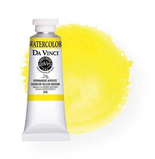 Da Vinci DAV216 Artists' Watercolor Paint 37ml Cadmium Yellow Medium; All Da Vinci watercolors have been reformulated with improved rewetting properties and are now the most pigmented watercolor in the world; Expect high tinting strength, maximum light-fastness, very vibrant colors, and an unbelievable value; UPC 643822216374 (DAVINCI216 DAVINCIDAV216 DA-VINCI-216 DAVINCI216 DAVINCI-DAV216 PAINTING ALVIN)