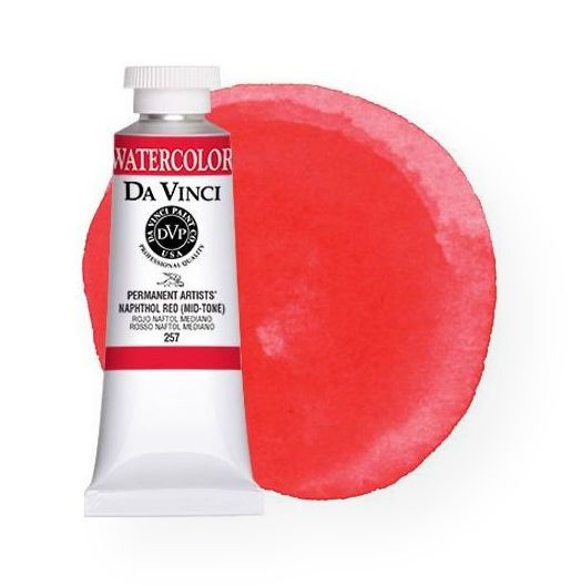 Da Vinci DAV257 Artists' Watercolor Paint 37ml Naphthol Red; All Da Vinci watercolors have been reformulated with improved rewetting properties and are now the most pigmented watercolor in the world; Expect high tinting strength, maximum light-fastness, very vibrant colors, and an unbelievable value; Transparency rating: T=transparent, ST=semitransparent, O=opaque, SO=semi-opaque; UPC 643822227370 (DA-VINCI-257 DAVINCI257 PAINTING ALVIN)