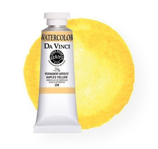 Da Vinci DAV259 Artists' Watercolor Paint 37ml Naples Yellow; All Da Vinci watercolors have been reformulated with improved rewetting properties and are now the most pigmented watercolor in the world; Expect high tinting strength, maximum light-fastness, very vibrant colors, and an unbelievable value; Transparency rating: T=transparent, ST=semitransparent, O=opaque, SO=semi-opaque; Sold per unit; UPC 643822259371 (DA-VINCI-259 DAVINCI259 PAINTING ALVIN)