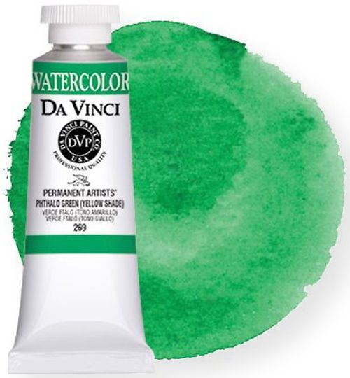 Da Vinci DAV269 Artists Watercolor Paint 37ml Phthalo Green Yellow Shade; All Da Vinci watercolors have been reformulated with improved rewetting properties and are now the most pigmented watercolor in the world; Expect high tinting strength, maximum light fastness, very vibrant colors, and an unbelievable value; UPC 643822269370 (DAV269 DAV-269 WATERCOLOR-DAV269 DAVINCIDAV269 DAVINCI-DAV269 DAVINCI-DAV-269 ALVIN)