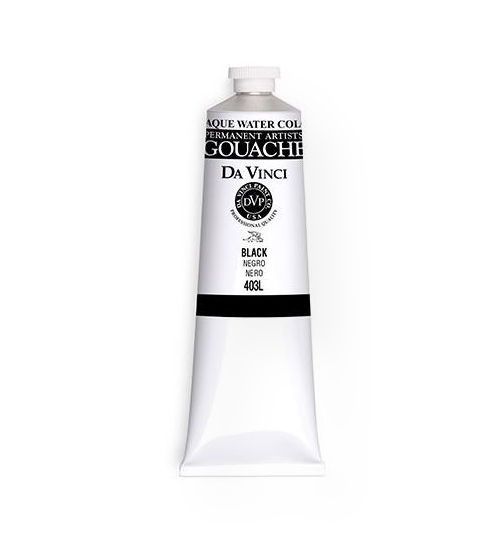 Da Vinci 403L Artists' Gouache Opaque Watercolor Black 150ml; Da Vinci's artists' quality opaque watercolors are specially formulated for designers and professionals; Permanent, non-toxic pigments are carefully dispersed in a natural gum to create brilliant colors; Conforms to ASTM D-5724; Lightfastness rating: I = excellent, or II = very good; Sold by the each; UPC 643822403507 (DA-VINCI-403L DAVINCI-403L ARTISTS-DAV-403L PAINTING)