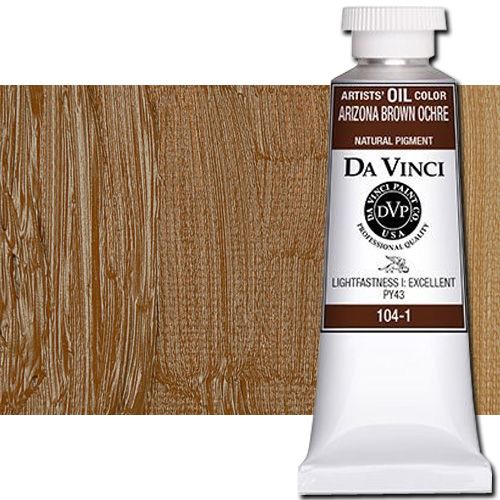 Da Vinci 104-1 Oil Color Paint, 37ml, Arizona Brown Ochre; All permanent with the highest resistance to fading; This collection of professional oil colors is formulated with the finest raw materials from around the world and is the only brand made using 100 percent ASTM pigments; Soft and creamy consistency using pure and refined linseed oil; Conforms to ASTM-4302; UPC 643822104145 (DA VINCI DAV104-1 104-1 1041 ALVIN ARIZONA BROWN OCHRE)