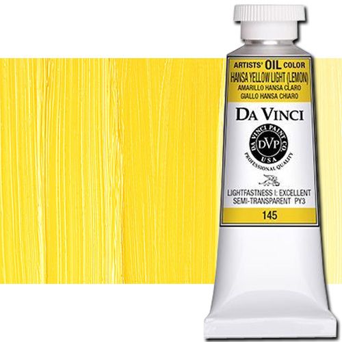 Da Vinci 145 Oil Color Paint, 37ml, Hansa Yellow Light; All permanent with the highest resistance to fading; This collection of professional oil colors is formulated with the finest raw materials from around the world and is the only brand made using 100 percent ASTM pigments; Soft and creamy consistency using pure and refined linseed oil; Conforms to ASTM-4302; UPC 643822145407 (DA VINCI DAV145 145 ALVIN HANSA YELLOW LIGHT)