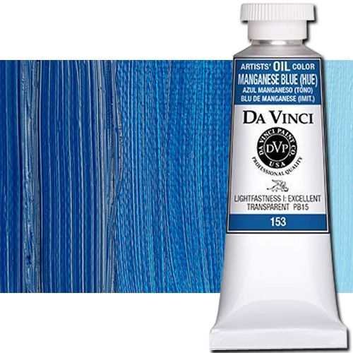 Da Vinci 153 Oil Color Paint, 37ml, Manganese Blue Hue; All permanent with the highest resistance to fading; This collection of professional oil colors is formulated with the finest raw materials from around the world and is the only brand made using 100 percent ASTM pigments; Soft and creamy consistency using pure and refined linseed oil; Conforms to ASTM-4302; UPC 643822153402 (DA VINCI DAV153 153 ALVIN MAGANESE BLUE HUE)