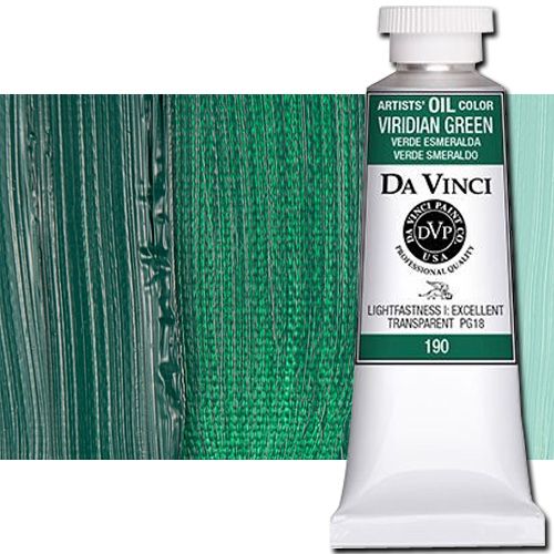 Da Vinci 190 Oil Color Paint, 37ml, Viridian Green; All permanent with the highest resistance to fading; This collection of professional oil colors is formulated with the finest raw materials from around the world and is the only brand made using 100 percent ASTM pigments; Soft and creamy consistency using pure and refined linseed oil; Conforms to ASTM-4302; UPC 643822190407 (DA VINCI DAV190 190 ALVIN VIRIDIAN GREEN)