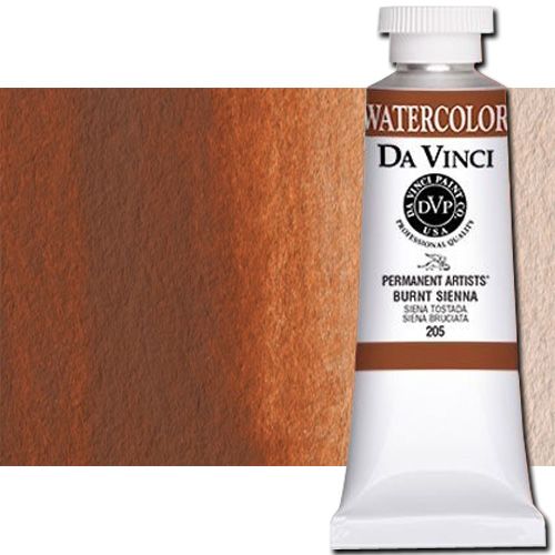 Da Vinci 205 Watercolor Paint, 37ml, Burnt Sienna; All Da Vinci watercolors have been reformulated with improved rewetting properties and are now the most pigmented watercolor in the world; Expect high tinting strength, maximum light-fastness, very vibrant colors, and an unbelievable value; Transparency rating: T=transparent, ST=semitransparent, O=opaque, SO=semi-opaque; UPC 643822205378 (DA VINCI DAV205 205 37ml ALVIN BURNT SIENNA)