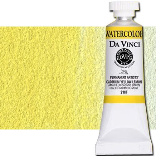 Da Vinci 218F Watercolor Paint, 15ml, Cadmium Yellow Lemon; All Da Vinci watercolors have been reformulated with improved rewetting properties and are now the most pigmented watercolor in the world; Expect high tinting strength, maximum light-fastness, very vibrant colors, and an unbelievable value; Transparency rating: T=transparent, ST=semitransparent, O=opaque, SO=semi-opaque; UPC 643822218156 (DA VINCI DAV218F 218F 15ml ALVIN CADMIUM YELLOW LEMON)