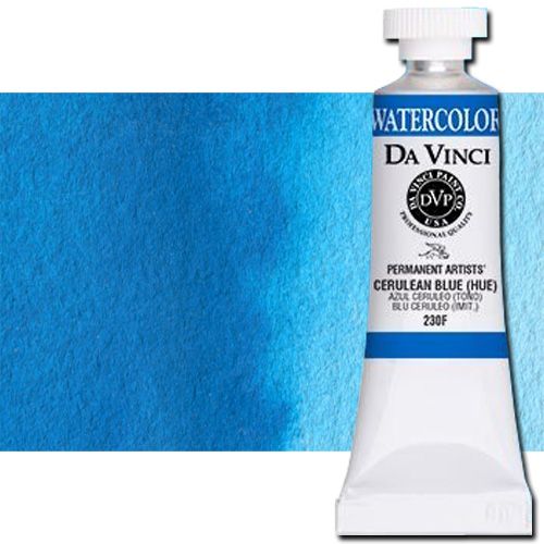 Da Vinci 230F Watercolor Paint, 15ml, Cerulean Blue Hue; All Da Vinci watercolors have been reformulated with improved rewetting properties and are now the most pigmented watercolor in the world; Expect high tinting strength, maximum light-fastness, very vibrant colors, and an unbelievable value; Transparency rating: T=transparent, ST=semitransparent, O=opaque, SO=semi-opaque; UPC 643822230158 (DA VINCI DAV230F 230F 15ml Cerulean Blue Hue ALVIN)