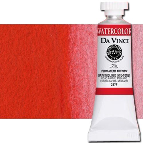 Da Vinci 257F Watercolor Paint, 15ml, Naphthol Red; All Da Vinci watercolors have been reformulated with improved rewetting properties and are now the most pigmented watercolor in the world; Expect high tinting strength, maximum light-fastness, very vibrant colors, and an unbelievable value; Transparency rating: T=transparent, ST=semitransparent, O=opaque, SO=semi-opaque; UPC 643822257155 (DA VINCI DAV257F 257F 15ml ALVIN NAPHTHOL RED)