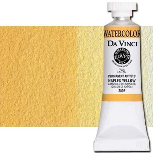 Da Vinci 259F Watercolor Paint, 15ml, Naples Yellow; All Da Vinci watercolors have been reformulated with improved rewetting properties and are now the most pigmented watercolor in the world; Expect high tinting strength, maximum light-fastness, very vibrant colors, and an unbelievable value; Transparency rating: T=transparent, ST=semitransparent, O=opaque, SO=semi-opaque; UPC 643822259159 (DA VINCI DAV259F 259F 15ml ALVIN NAPLES YELLOW)