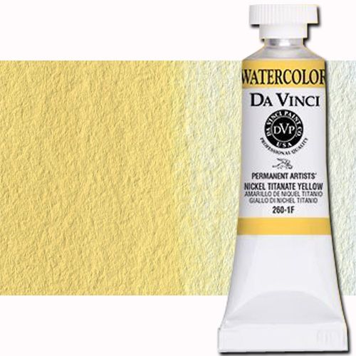 Da Vinci 260-1F Watercolor Paint, 15ml, Nickel Titanate Yellow; All Da Vinci watercolors have been reformulated with improved rewetting properties and are now the most pigmented watercolor in the world; Expect high tinting strength, maximum light-fastness, very vibrant colors, and an unbelievable value; Transparency rating: T=transparent, ST=semitransparent, O=opaque, SO=semi-opaque; UPC 643822260117 (DA VINCI DAV260-1F 260-1F 2601F 15ml ALVIN NICKEL TITANATE YELLOW)