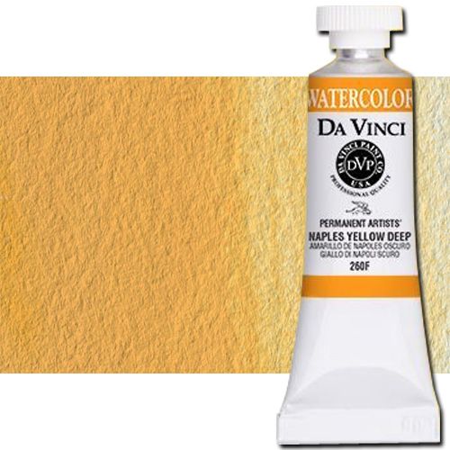 Da Vinci 260F Watercolor Paint, 15ml, Naples Yellow Deep; All Da Vinci watercolors have been reformulated with improved rewetting properties and are now the most pigmented watercolor in the world; Expect high tinting strength, maximum light-fastness, very vibrant colors, and an unbelievable value; Transparency rating: T=transparent, ST=semitransparent, O=opaque, SO=semi-opaque; UPC 643822260155 (DA VINCI DAV260F 260F 15ml ALVIN NAPLES YELLOW DEEP)