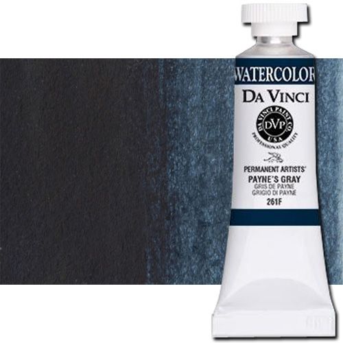 Da Vinci 261F Watercolor Paint, 15ml, Payne's Gray; All Da Vinci watercolors have been reformulated with improved rewetting properties and are now the most pigmented watercolor in the world; Expect high tinting strength, maximum light-fastness, very vibrant colors, and an unbelievable value; Transparency rating: T=transparent, ST=semitransparent, O=opaque, SO=semi-opaque; UPC 643822261152 (DA VINCI DAV261F 261F 15ml ALVIN PAYNES GRAY)