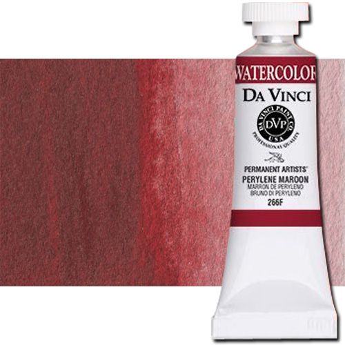 Da Vinci 266F Watercolor Paint, 15ml, Perylene Maroon; All Da Vinci watercolors have been reformulated with improved rewetting properties and are now the most pigmented watercolor in the world; Expect high tinting strength, maximum light-fastness, very vibrant colors, and an unbelievable value; Transparency rating: T=transparent, ST=semitransparent, O=opaque, SO=semi-opaque; UPC 643822266157 (DA VINCI DAV266F 266F 15ml ALVIN PERYLENE MARRON)