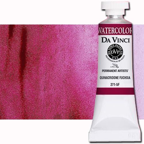 Da Vinci 271-5F Watercolor Paint, 15ml, Quinacridone Fuchsia; All Da Vinci watercolors have been reformulated with improved rewetting properties and are now the most pigmented watercolor in the world; Expect high tinting strength, maximum light-fastness, very vibrant colors, and an unbelievable value; Transparency rating: T=transparent, ST=semitransparent, O=opaque, SO=semi-opaque; UPC 643822271557 (DA VINCI DAV271-5F 271-5F 2715F 15ml ALVIN QUINACRIDONE FUCHSIA)