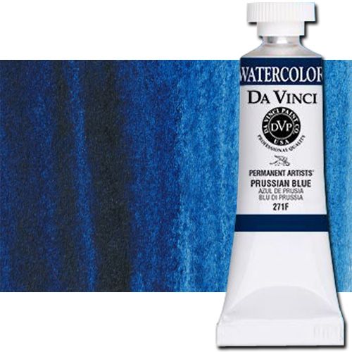 Da Vinci 271F Watercolor Paint, 15ml, Prussian Blue; All Da Vinci watercolors have been reformulated with improved rewetting properties and are now the most pigmented watercolor in the world; Expect high tinting strength, maximum light-fastness, very vibrant colors, and an unbelievable value; Transparency rating: T=transparent, ST=semitransparent, O=opaque, SO=semi-opaque; UPC 643822271151 (DA VINCI DAV271F 271F 15ml ALVIN PRUSSIAN BLUE)
