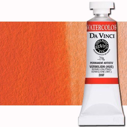 Da Vinci 289F Watercolor Paint, 15ml, Vermilion; All Da Vinci watercolors have been reformulated with improved rewetting properties and are now the most pigmented watercolor in the world; Expect high tinting strength, maximum light-fastness, very vibrant colors, and an unbelievable value; Transparency rating: T=transparent, ST=semitransparent, O=opaque, SO=semi-opaque; UPC 643822289156 (DA VINCI DAV289F 289F 15ml ALVIN VERMILION)