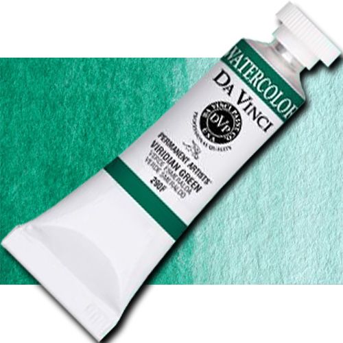 Da Vinci 290F Watercolor Paint, 15ml, Viridian Green; All Da Vinci watercolors are finely milled with a high concentration of premium pigment and dispersed in the finest quality natural gum; Expect high tinting strength, very good to excellent fade-resistance (Lightfastness I and II), and maximum vibrancy; Use straight from the tube or fill your own watercolor pans and rewet; UPC 643822290152 (DA VINCI 290F DAVINCI290F ALVIN 15ml VIRIDIAN GREEN)