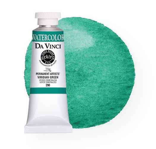 Da Vinci DAV290 Watercolor Paint 37ml Viridian Green; All Da Vinci watercolors have been reformulated with improved rewetting properties and are now the most pigmented watercolor in the world; Expect high tinting strength, maximum light-fastness, very vibrant colors, and an unbelievable value; Transparency rating: T=transparent, ST=semitransparent, O=opaque, SO=semi-opaque; UPC 643822290374 (DAVINCIDAV290 DAVINCI-DAV290 PAINTING)
