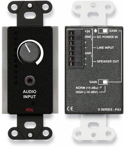 Radio Design Labs DB-PA3 3.5 Watt Audio Amplifier; Wall-Mounted Amplifier with 2 Inputs; Balanced Input on the Rear Panel; Mini-Jack Input on the Front Panel; Automatic Switching Between Inputs; Input: 2 x 20 kOhms balanced or unbalanced bridging; Minimum Input Level: +18 dBu (balanced, maximum gain) -19 dBV (unbalanced mini-jack, maximum gain); Maximum Input Level: +22 dBu (low input sensitivity) +4 dBu (high input sensitivity) (DBPA3 DB-PA3 DB-PA3)