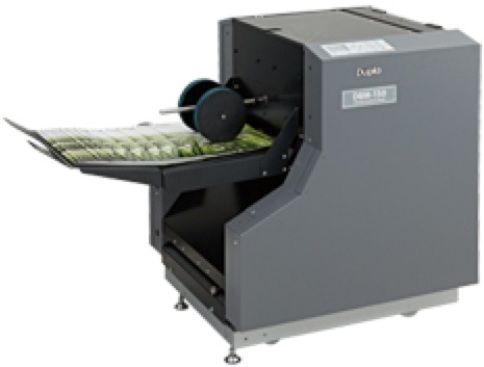 Duplo DBM-150 Bookletmaker, Connects to DSF-2200, DSC-10/20, and DFC-100, Isaberg Rapid stapler and staple cartridge, 16-job memory, Compact size, Create corner, side, or saddle-stapled booklets, Up to 2,400 sets/hour Speed, 8.27'' L x 4.72'