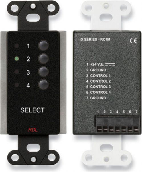 RDL DB-RC4MC D Series RC4M Four Channel Audio Remote Control, Black color, Remote selection of 4 sources, Single button selection for each source, LED indication, Single or multiple control locations, Up to ten remote control locations, remote wiring using six conductors or UTP cable CAT5 CAT6, UPC 813721015877 (DBRC4MC D-BRC4MC DBRC4-MC RDLDBR-C4MC RDLD-BRC4MC RDLDBRC4-MC)