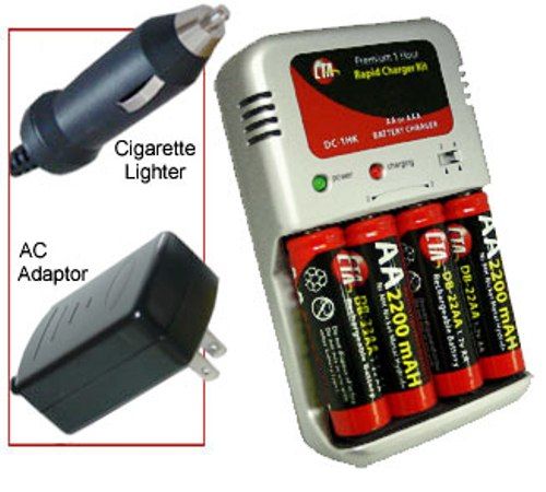 CTA Digital DC-1HK Premium 1 Hour Rapid Charger Kit, Includes: Battery charger for 4 AA & AAA batteries, 4 Ni-MH 2200 mAh AA rechargeable batteries, AC adaptor, Cigarette lighter adaptor; Reverse polarity protection (DC1HK DC 1HK DC1-HK DC-1H DC1H 656777005085)