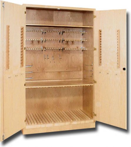 Hann DC-2 Sixty Inch 36-Student Drafting Supply Cabinet, Specially designed hooks and holders mounted in the cabinet, Drawing boards (18 x 24) are stored vertically in slots along the bottom row, Room for future expansion on the back of each door, Master keyed locks included, Dimensions 60