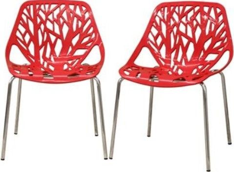 Wholesale Interiors DC-451-RED Dining Chair Red Plastic, One-of-a-kind sapling cut-out design makes for a great conversation starter, Sturdy molded plastic and steel construction in chrome finish ensures years of dependable use, Legs with black plastic non-marking feet provide stability and protect sensitive flooring, 18.5
