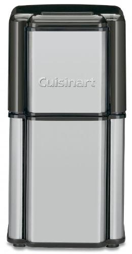 Cuisinart DCG-12BC Grind Central Coffee Grinder; Popular brushed stainless steel styling; On/Off control for simple operation; Built-in safety interlock prevents operation unless lid is securely closed; Bowl holds up to 90 grams of beans, enough for up to 18 cups of coffee; Heavy-duty motor and stainless steel blades; Dishwasher-safe, removable stainless steel bowl; Weight 3.05 pounds; Dimensions 4.13